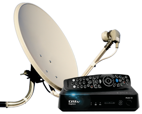 Satellite dish, LNB and DStv Explora decoder
